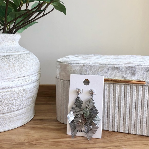 Express Silver Dangle Drop Earrings NEW faux diamond stud detail - Picture 4 of 14